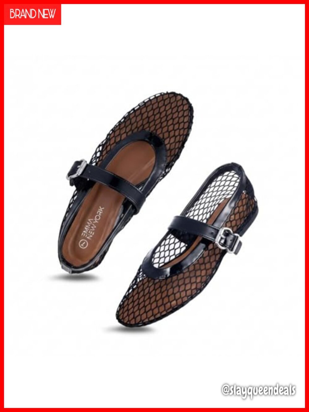 EMMA NEW YORK Mesh Ballet Flats Women Fishnet Buckle Strap Cushioned Comfort